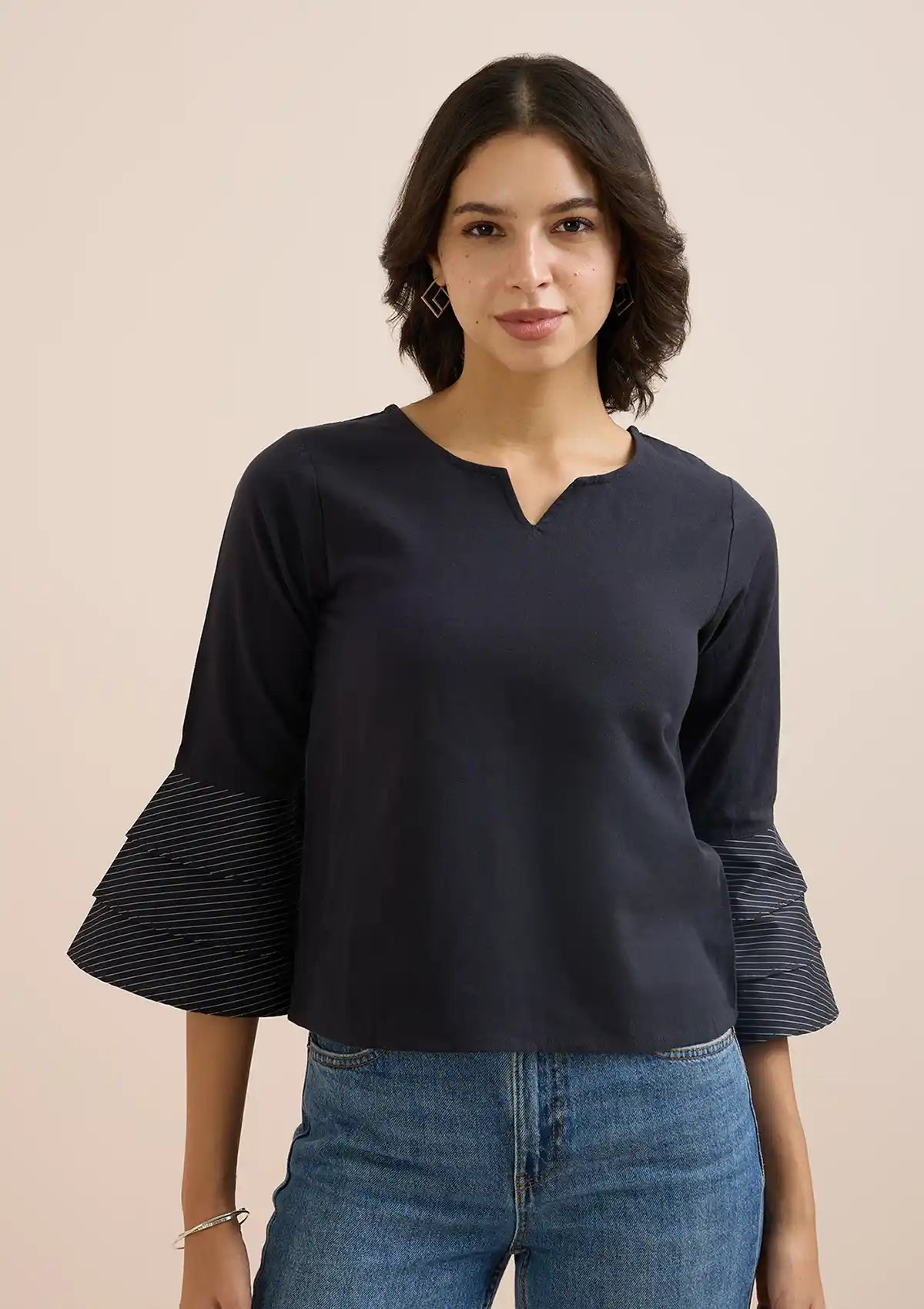 Tsuki - Black Layered Ruffle Sleeve Top for women online