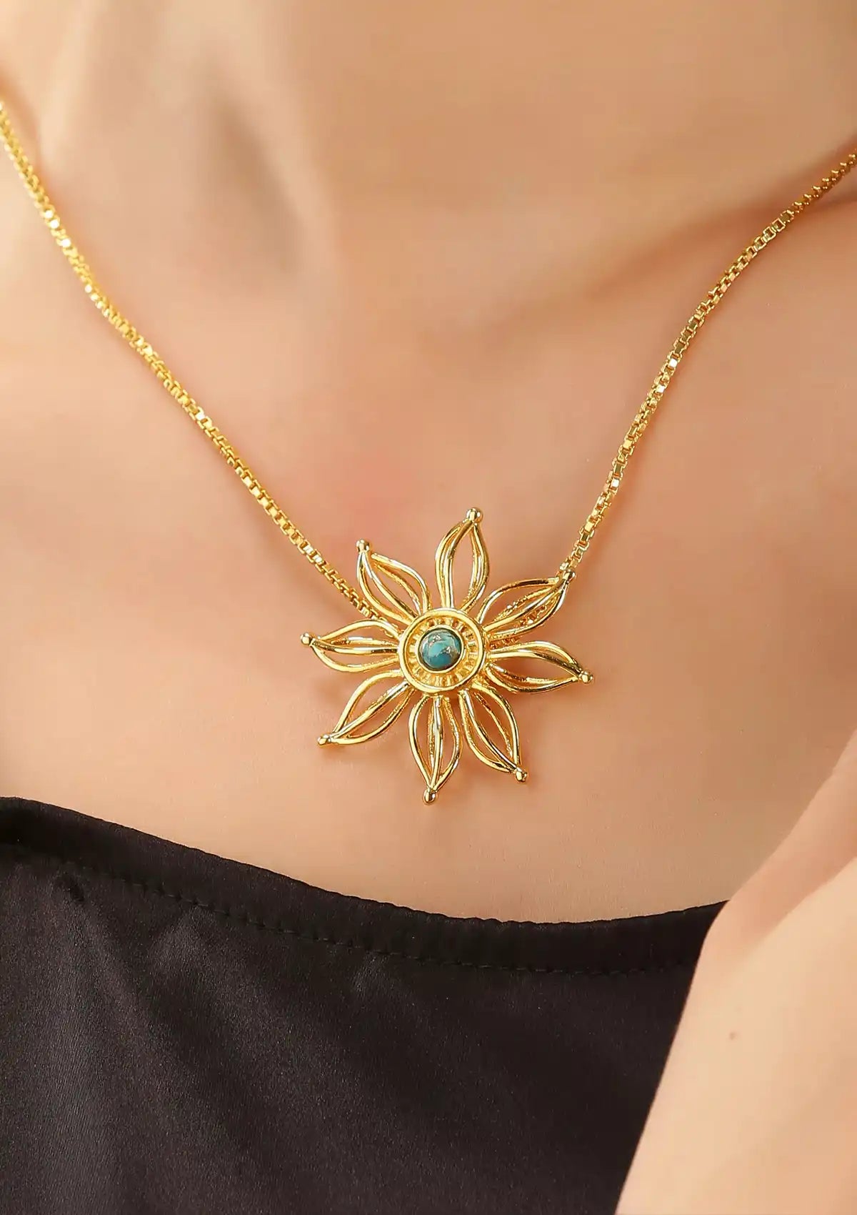 Turquoise firewheel flower gold plated pendant necklace for women