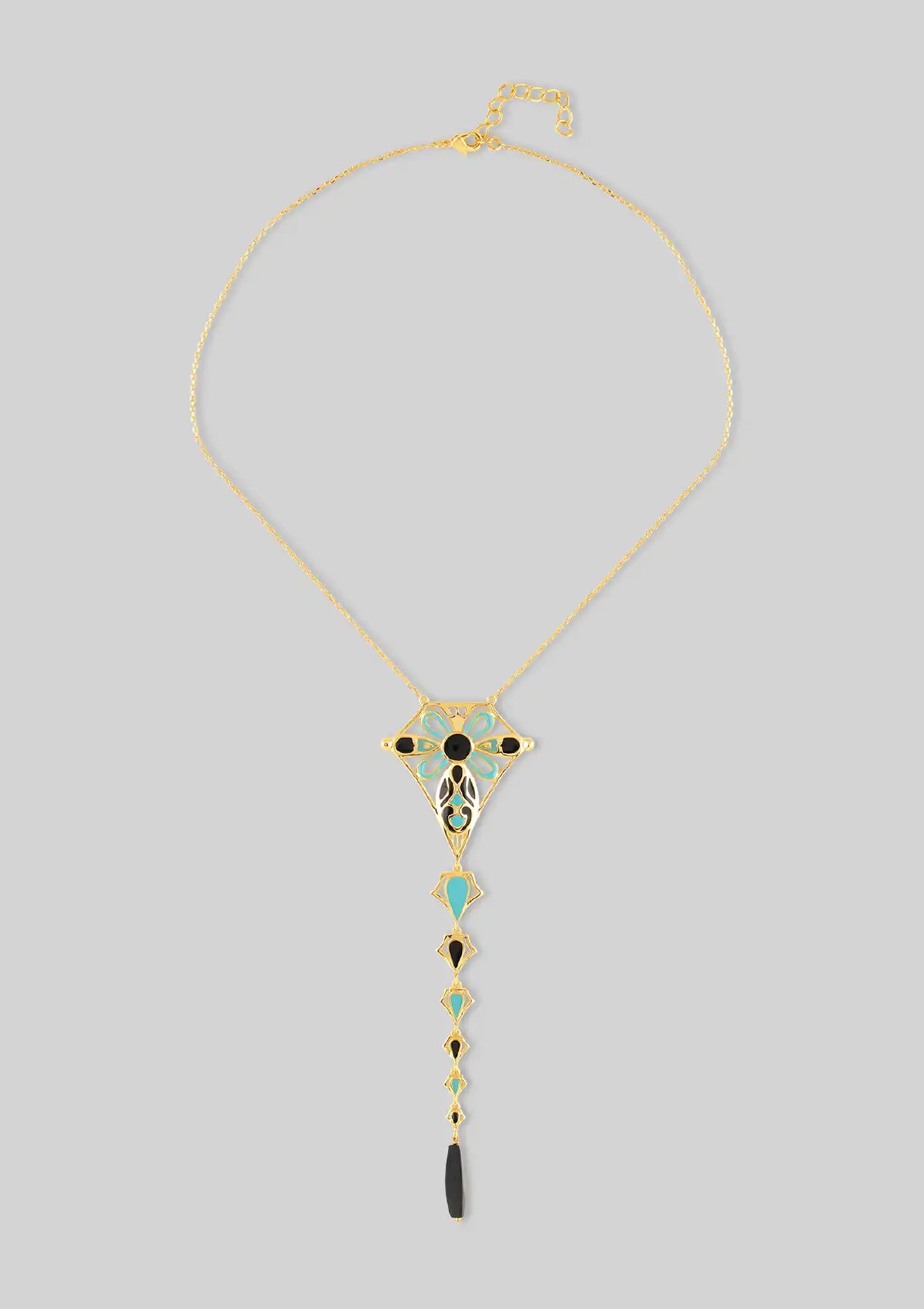 Women's gold plated turquoise black enamel onyx necklace