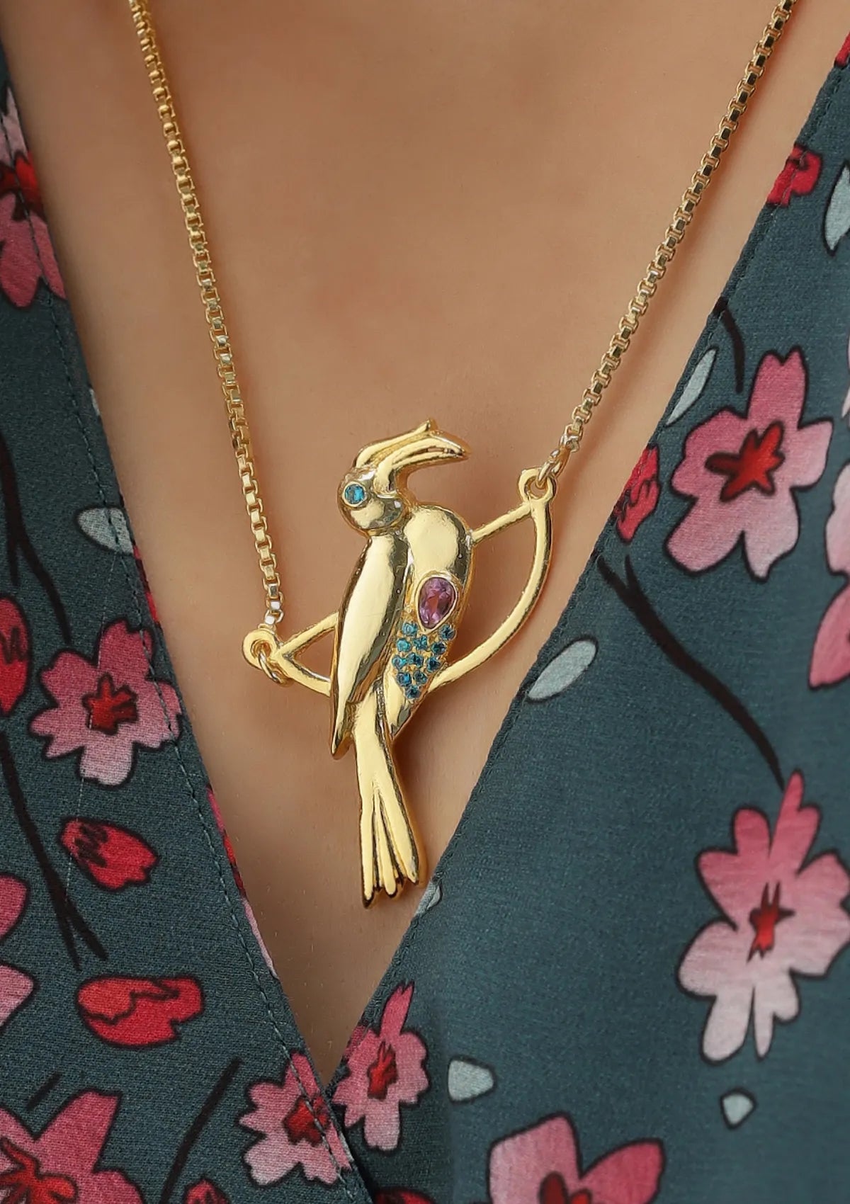 Women's gold plated amethyst stone bird pendant necklace