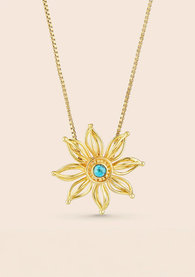 Women's gold plated turquoise firewheel flower pendant necklace