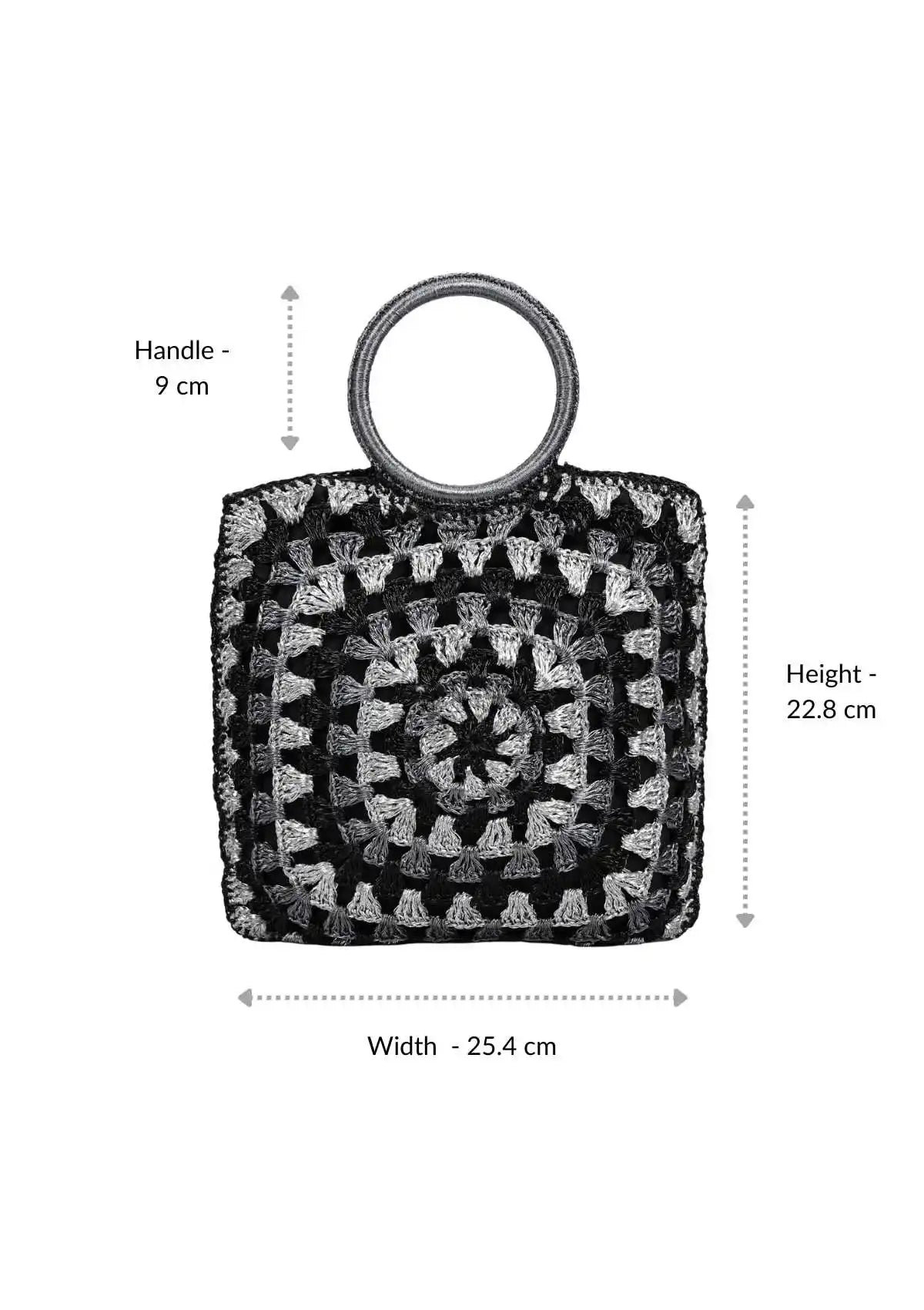 Women's black shimmering crochet handbag