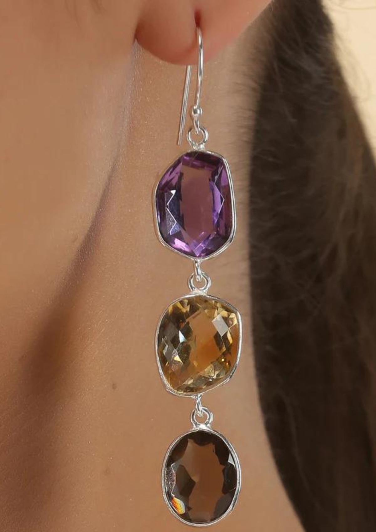 Silver Multicolour Stone Earrings - Amethyst, Citrine and Smokey Topaz