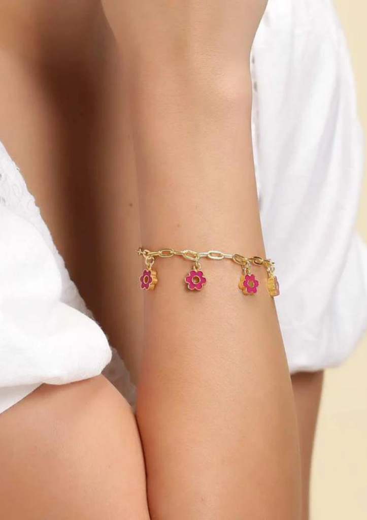 Glitzy Flower Charm Bracelet (Pink)